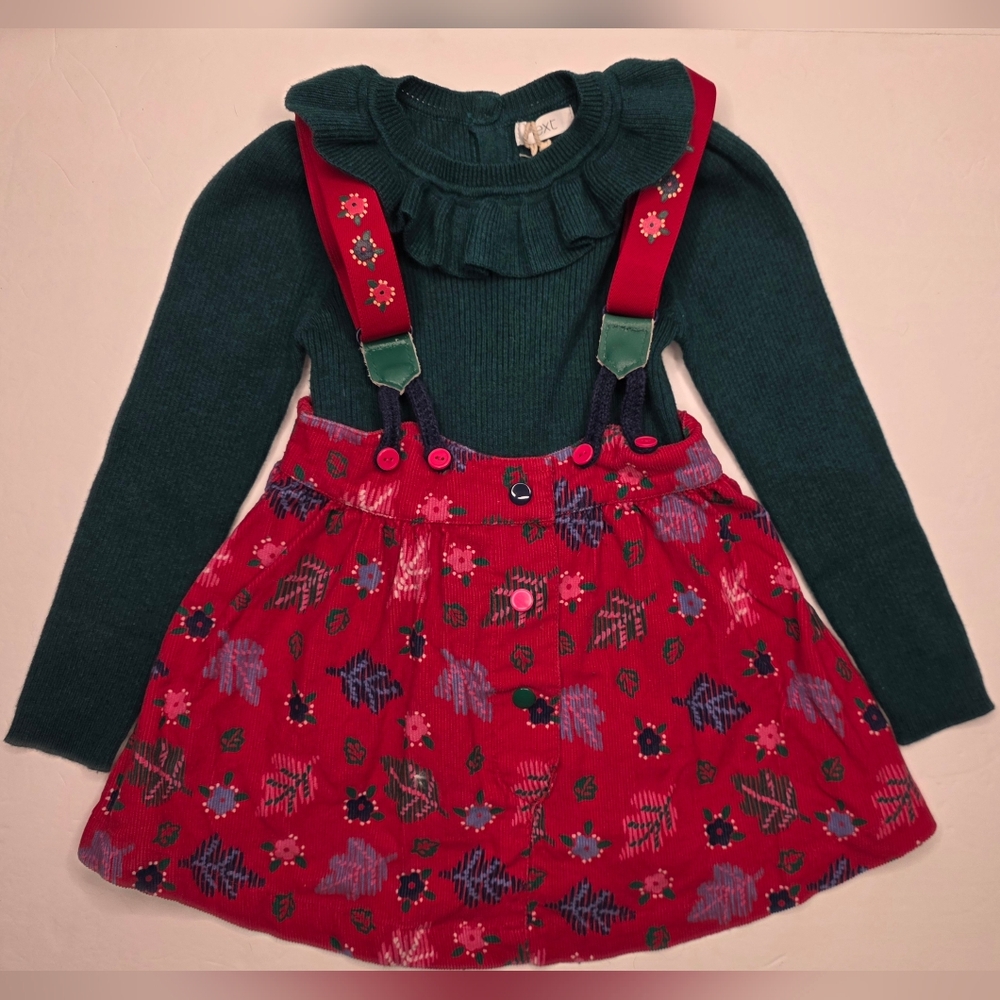 Gymboree Red and Green Floral Suspender Skirt